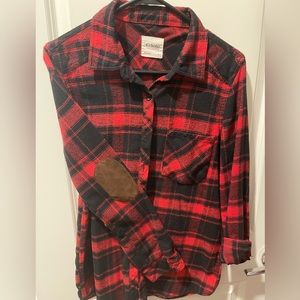 Ladies flannel with elbow patch accents